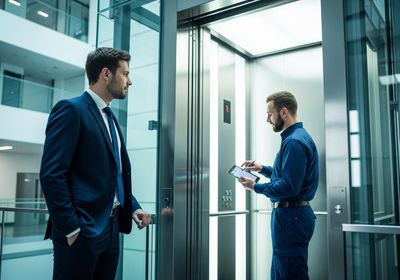 A businessman in a suit awaits an elevator while a technician in blue uniform inspects the elevator using a tablet. Elevator Inspection