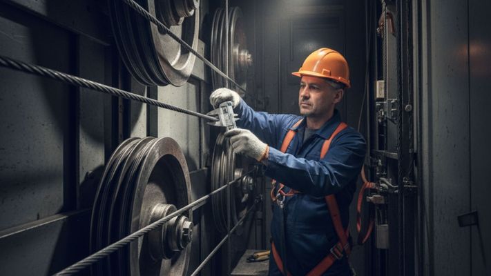 elevator technician in a hard hat and safety harness carefully inspects elevator cables elevator technician in a hard hat and safety harness carefully inspects elevator cables