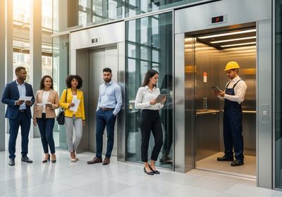 A diverse group of professionals and a maintenance worker gather near modern elevators in an office building, reflecting a blend of routine business and essential upkeep. Elevator Maintenance and Office Workers