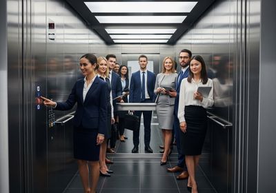 A diverse group of business professionals ride an elevator together, representing teamwork and corporate success. One woman presses a button on the elevator panel. Business professionals in elevator