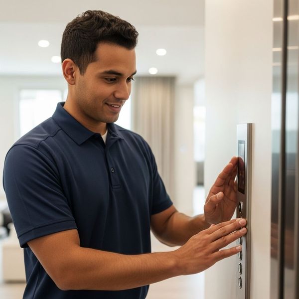 a professional technician carefully examining the controls of a residential elevator