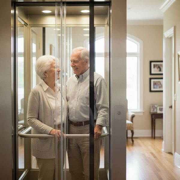 elderly couple using home elevator elderly couple using home elevator