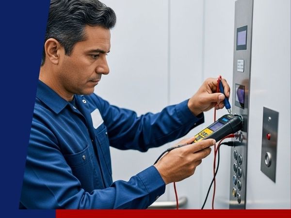 a skilled elevator mechanic in a professional uniform uses advanced diagnostic tools on the control panel of a LULA elevator