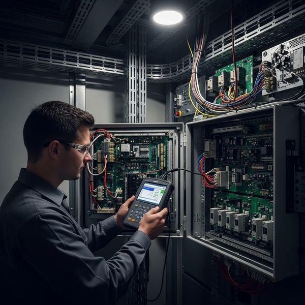 Technician performing advanced diagnostics on an elevator control system to fix slow travel speeds.