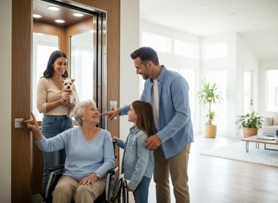 Multi-generational family using a home elevator with a senior in a wheelchair
