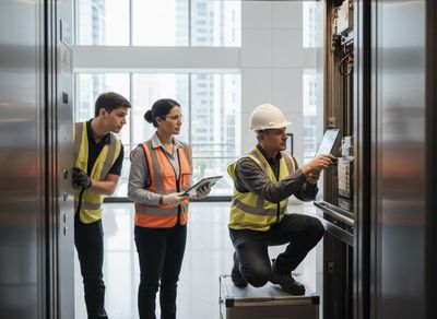 Elevator Technicians Inspecting Machinery