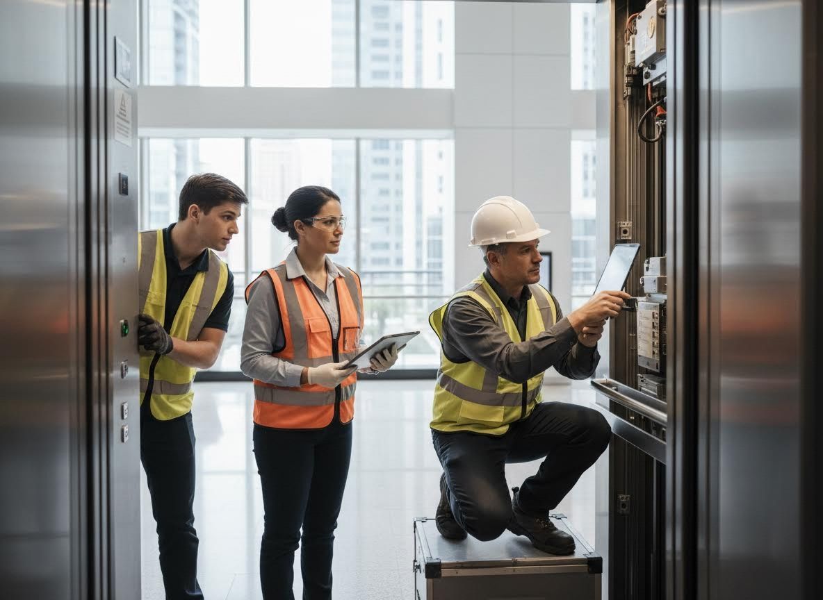 Elevator Technicians Inspecting Machinery