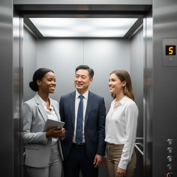 Elevator passengers smiling, feeling secure in a well-maintained elevator Elevator passengers smiling, feeling secure in a well-maintained elevator