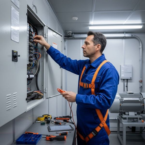 Technician performing preventative maintenance on elevator components, tools visible Technician performing preventative maintenance on elevator components, tools visible