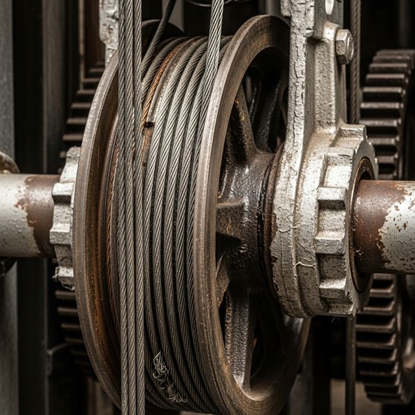 Close-up of elevator hoist cables and pulleys requiring lubrication and inspection to stop grinding noises.