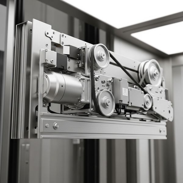 The sleek mechanical components of a modern elevator door operator are shown in a clear view.