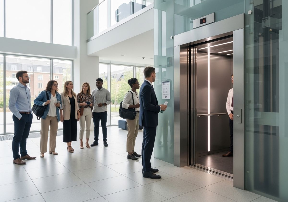 People Waiting for Elevator in Modern Office Building