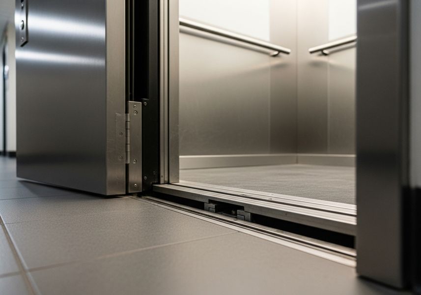 An elevator car floor not flush with the building landing, showing a common trip hazard and leveling issue.