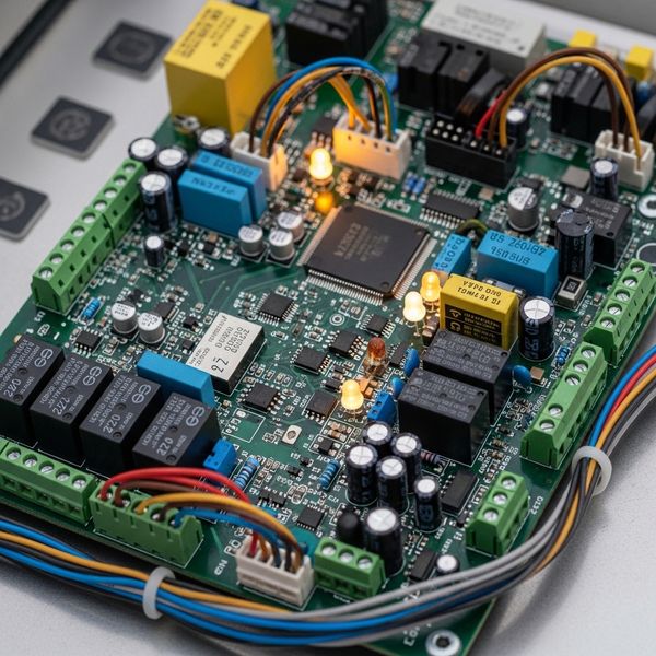 A detailed close-up shows the intricate wiring and components of a modern elevator controller.