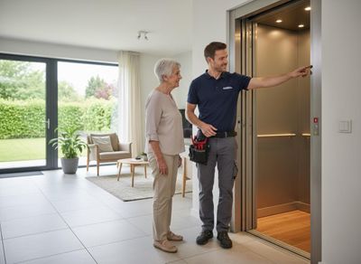 A male technician in uniform with a tool belt points to a modern home elevator while an elderly woman smiles. They are in a bright room. Technician explains home elevator features to an elderly woman