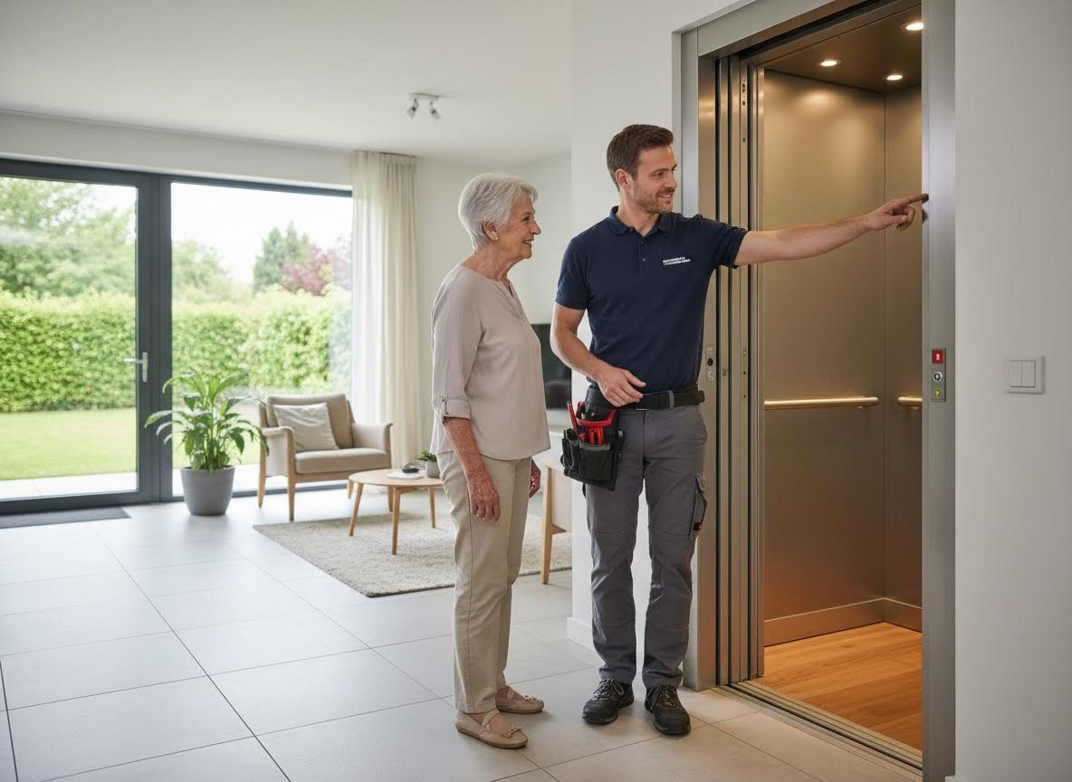 Technician explains home elevator features to an elderly woman