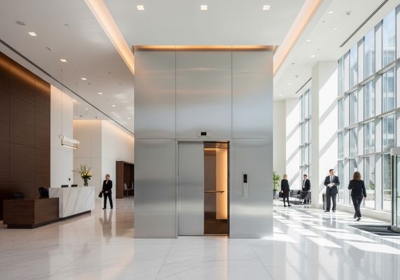 Modern elevator doors opening in a bright, professional building lobby. Modern elevator doors opening in a bright, professional building lobby.