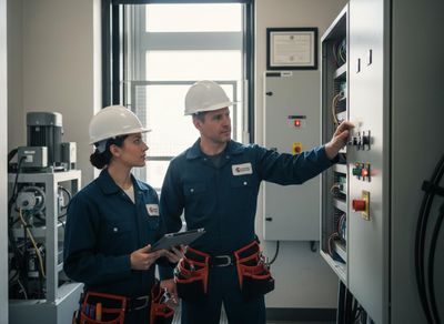 A male and female technician in hard hats and blue uniforms inspect an electrical control panel, with the woman holding a tablet. Two Technicians Inspecting Electrical Control Panel
