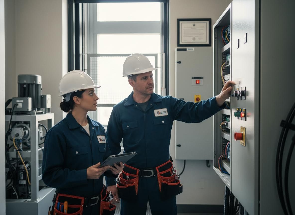 Two Technicians Inspecting Electrical Control Panel