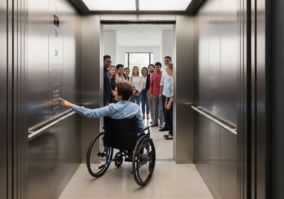 Woman in Wheelchair Pressing Elevator Button