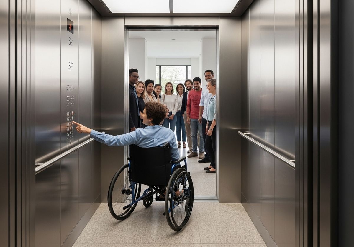 Woman in Wheelchair Pressing Elevator Button