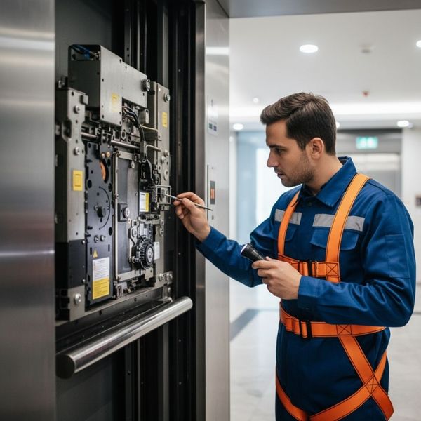 Professional inspector examining elevator door mechanisms closely Professional inspector examining elevator door mechanisms closely