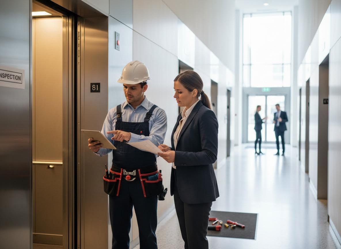 Elevator Technician and Businesswoman Review Inspection Details