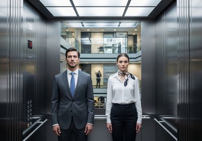 A man in a suit and a woman in a white shirt and scarf stand in an elevator, the elevator doors are open to reveal an office building. Business professionals in an elevator