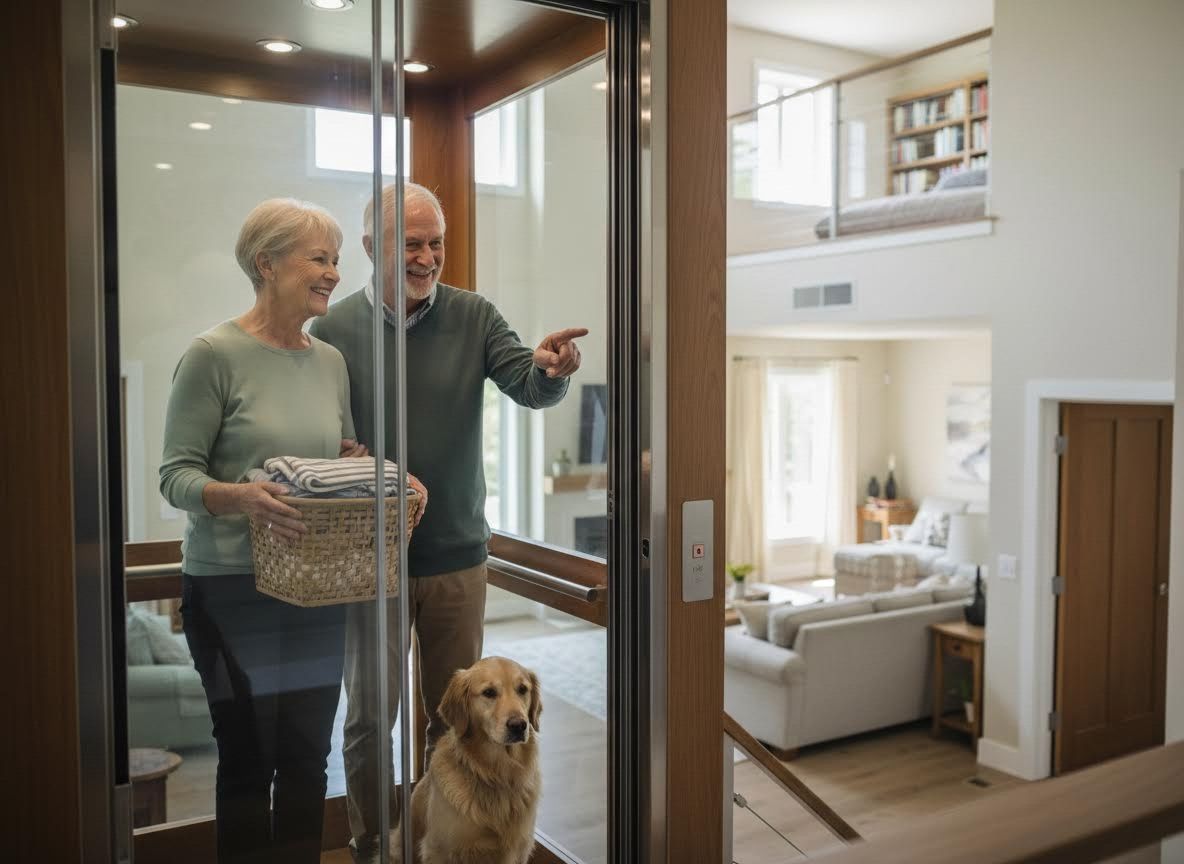 Senior Couple and Dog in Home Elevator