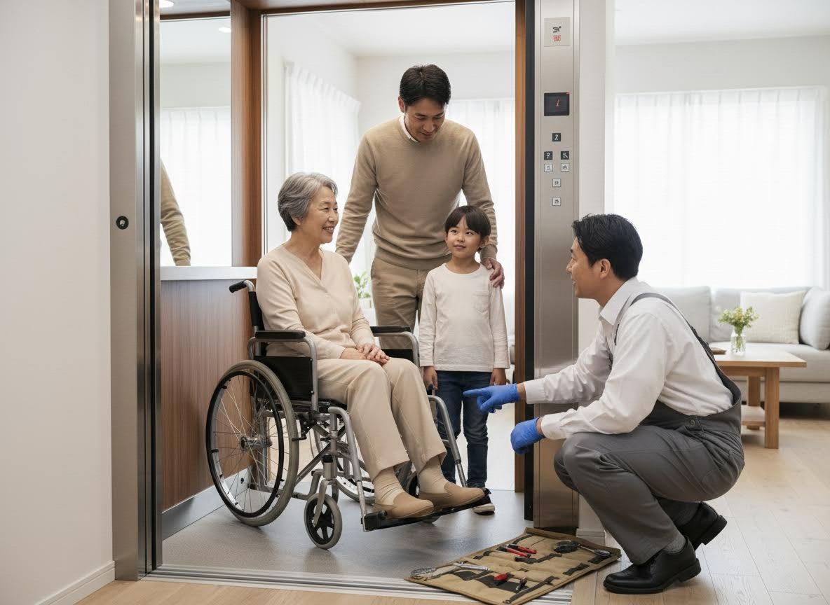 Technician Servicing Home Elevator for Family with Wheelchair User