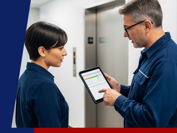 an elevator mechanic discussing the operational status of a service elevator with a facility manager