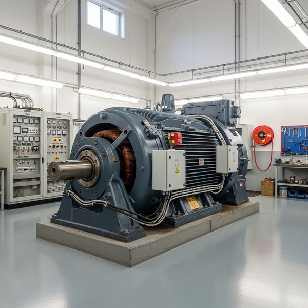 A heavy-duty elevator motor sits installed in a clean and organized mechanical room.