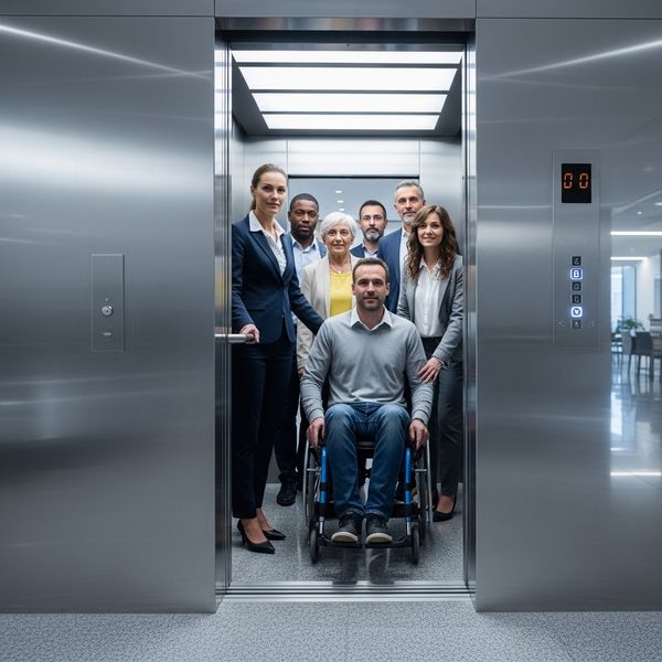 Diverse people confidently stepping into a well-lit modern elevator car.