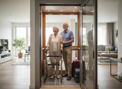 A smiling elderly couple, woman with walker, stands in a modern home elevator with luggage, man's arm around her. Happy Senior Couple in Home Elevator with Walker and Luggage