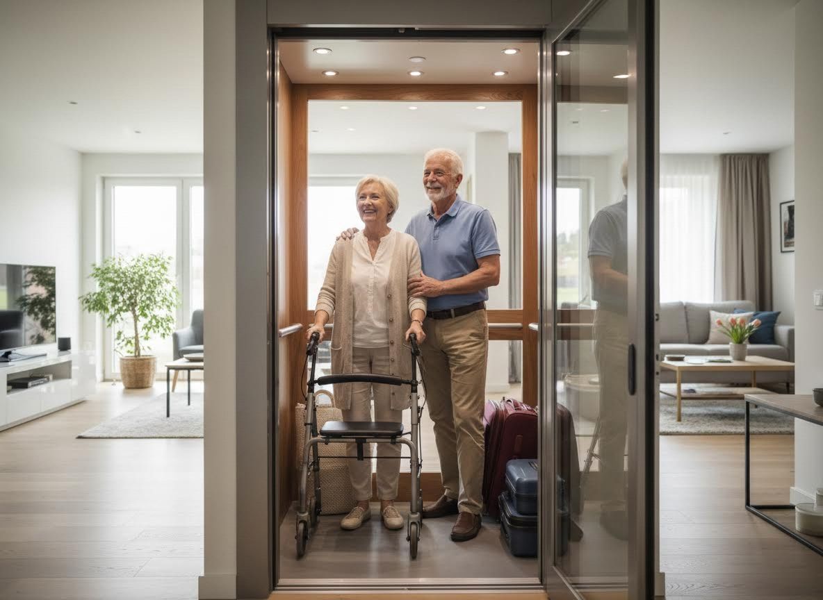 Happy Senior Couple in Home Elevator with Walker and Luggage