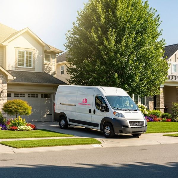 a Rise Elevator Services van parked in the driveway of a home