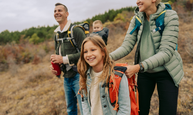 family on a hike with two children