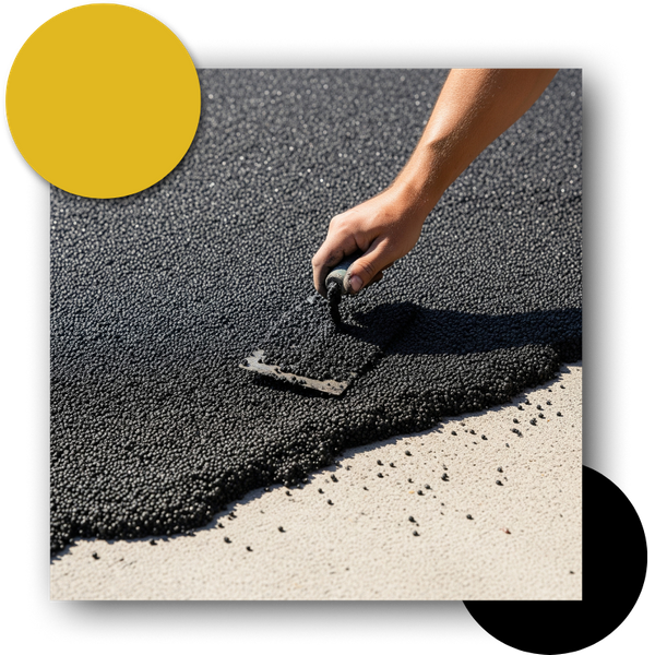 Close-up of a worker applying a poured rubber overlay with a trowel over concrete.