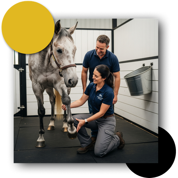  veterinarian examining a horse on safe rubber flooring, with a pleased owner looking on.