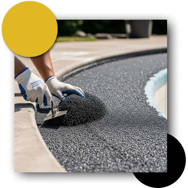 Installer applying hand-troweled rubber surface over concrete pool deck