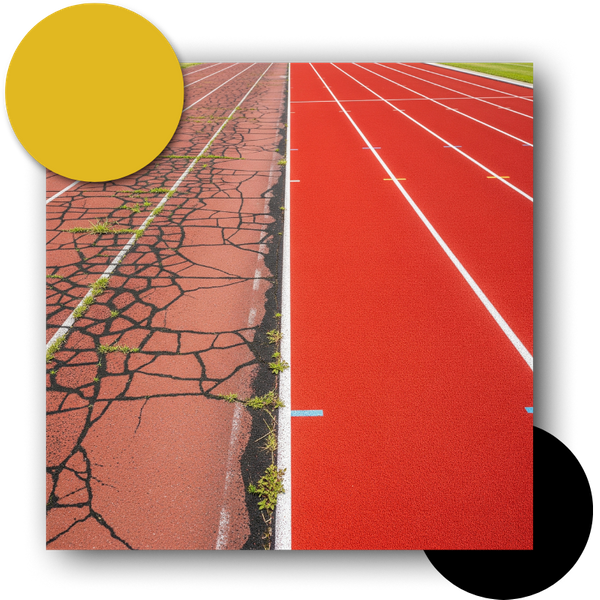 Split image showing a before and after of running track resurfacing, from old and cracked to new and vibrant