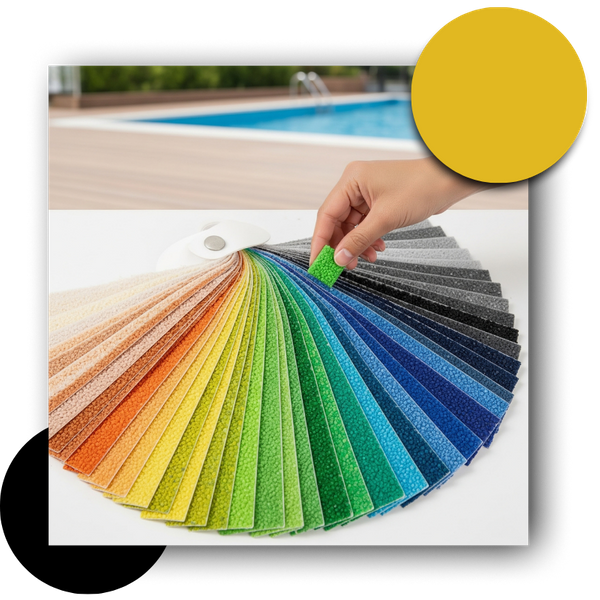Hand selecting rubber granule color with rubber pool deck color samples and designs in view