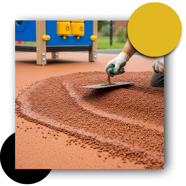 Precision Poured Rubber crew installing child-safe playground flooring in a park