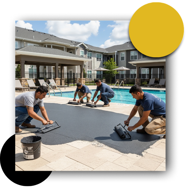 Team applying hand-troweled rubber surface over concrete pool deck