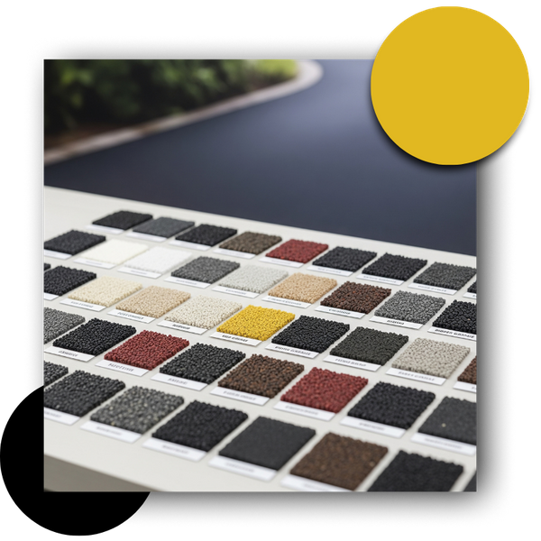 Rubber granule color samples with finished driveway in the background