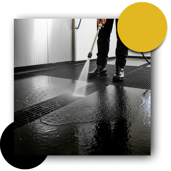 person easily rinsing non-porous equestrian rubber flooring 
