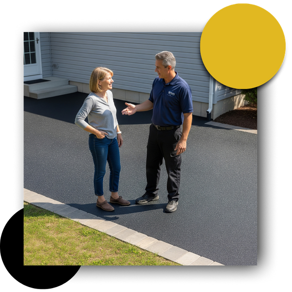 Homeowner discussing rubber driveway resurfacing with installer next to a finished project