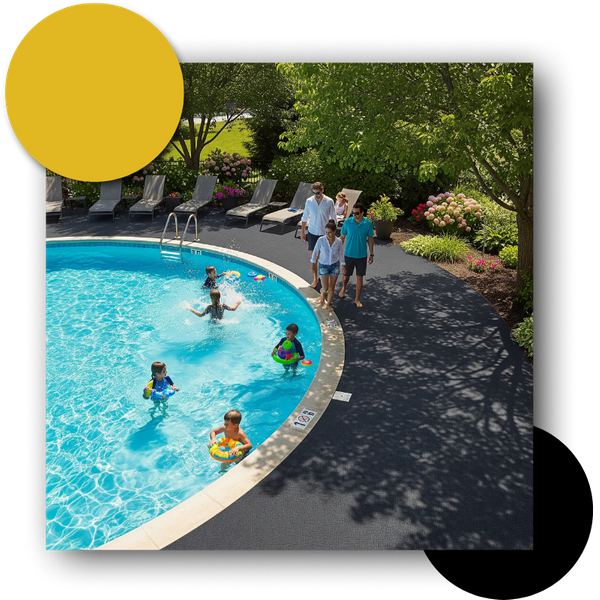 Family walking around a pool with a rubber deck