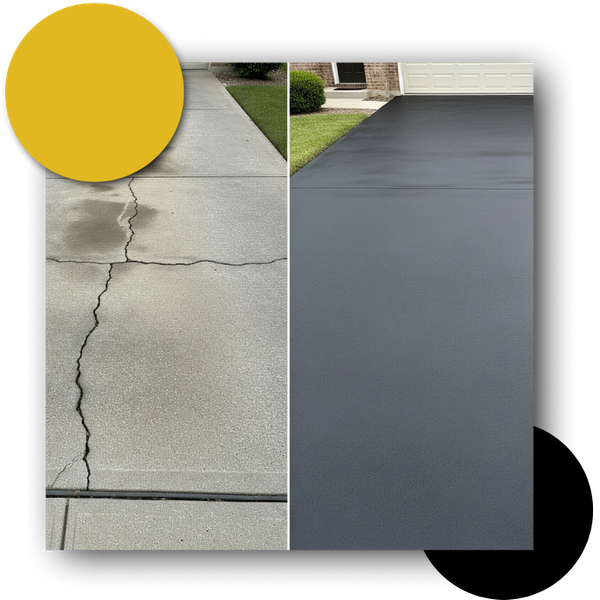 Side-by-side visual showing cracked driveway vs. poured rubber surface