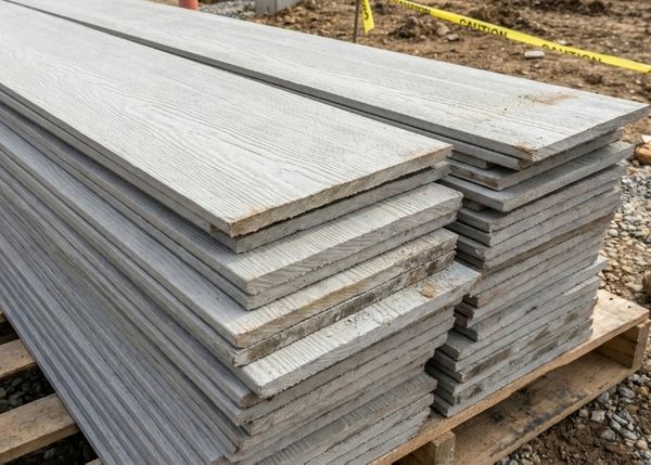 fiber cement siding boards stacked on a job site
